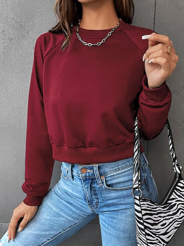 New women's long - sleeved round neck solid color sweater - Outerwear